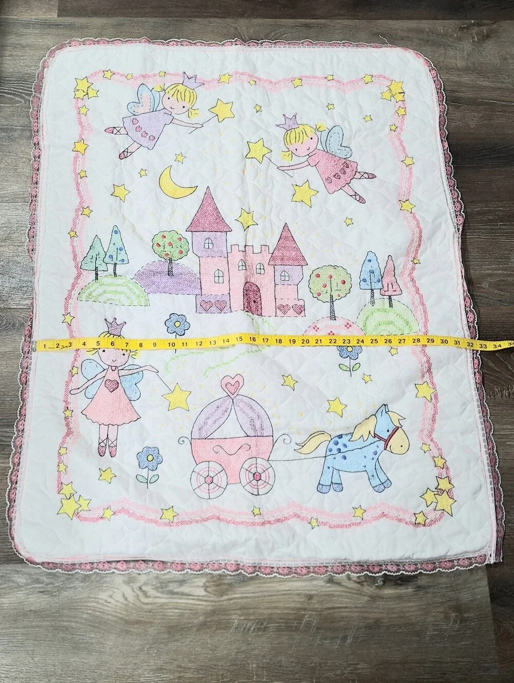 Bucilla Princess Handmade Cross Stitched Baby Quilt With Lace Edging 32 X 41